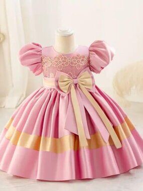Girls Pink Gold Princess Dress | Bow Party Birthday Dress | BeccaLuxuryKids